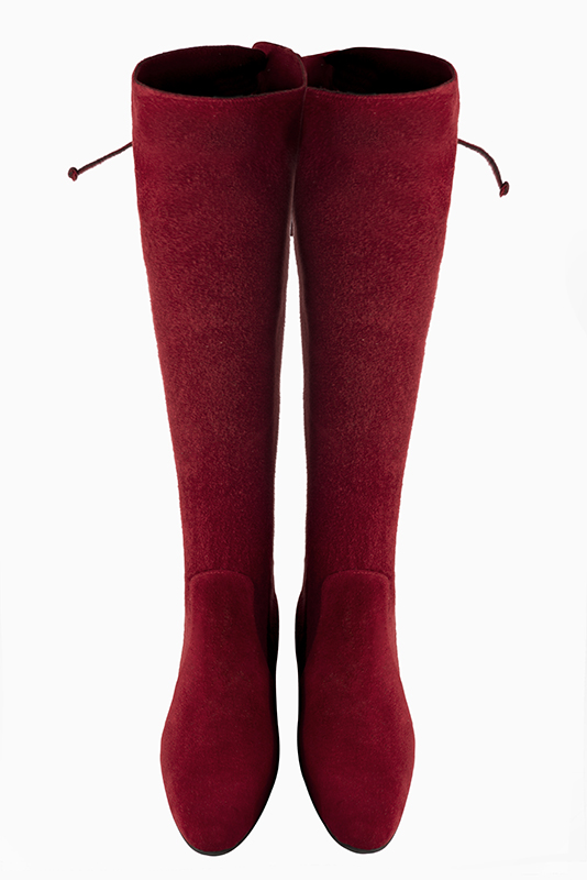 Burgundy red women's knee-high boots, with laces at the back. Round toe. Low block heels. Made to measure. Top view - Florence KOOIJMAN